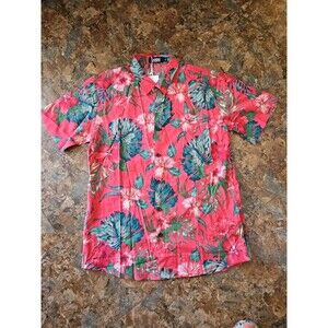 Jogal‎ Shirt Mens Medium Red Tropical Cotton Viscose Blend Short Sleeve Hawaiian